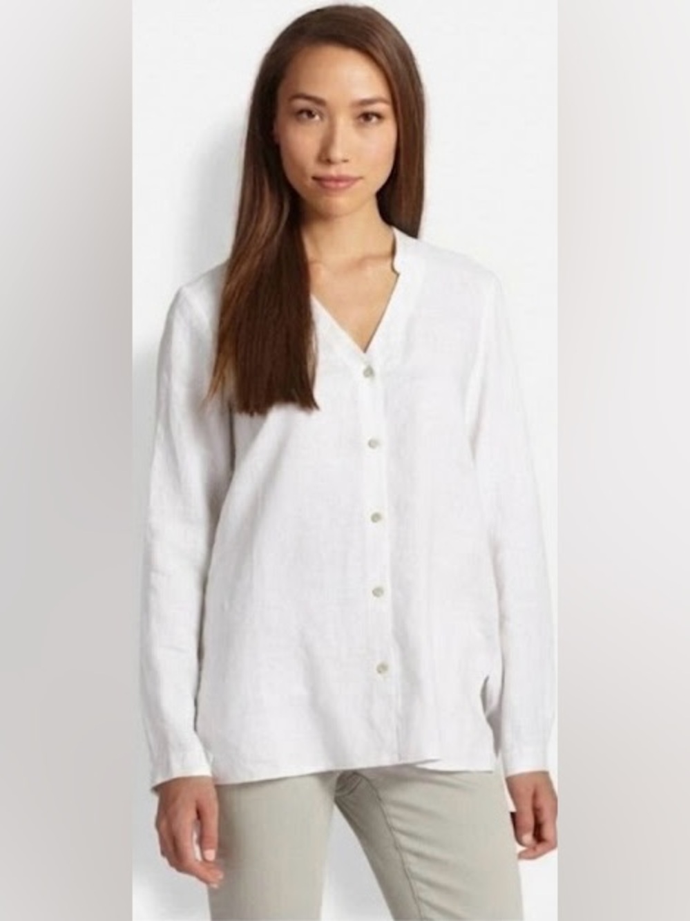 Eileen Fisher White Irish Linen Shell Long Sleeve Button Blouse Top Shirt Small